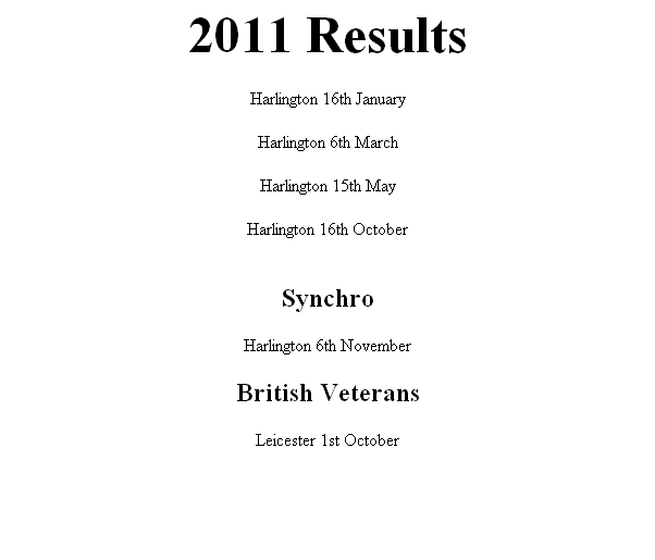 2011 Results

Harlington 16th January

Harlington 6th March

Harlington 15th May

Harlington 16th October


Synchro

Harlington 6th November

British Veterans

Leicester 1st October